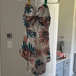 Tropical Leaf Print Strapless Dress